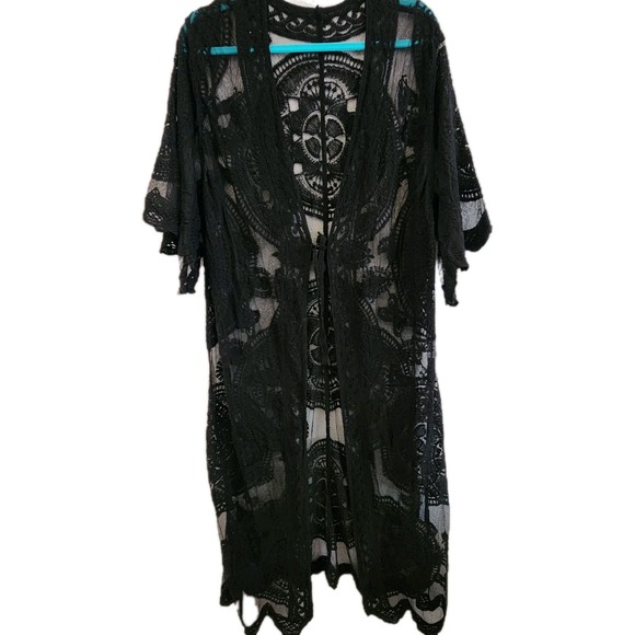 Sweaters - Black Lace Cardigan Mesh Open Front Witchy Whimsigoth Dark Fairy Beach Coverup M
